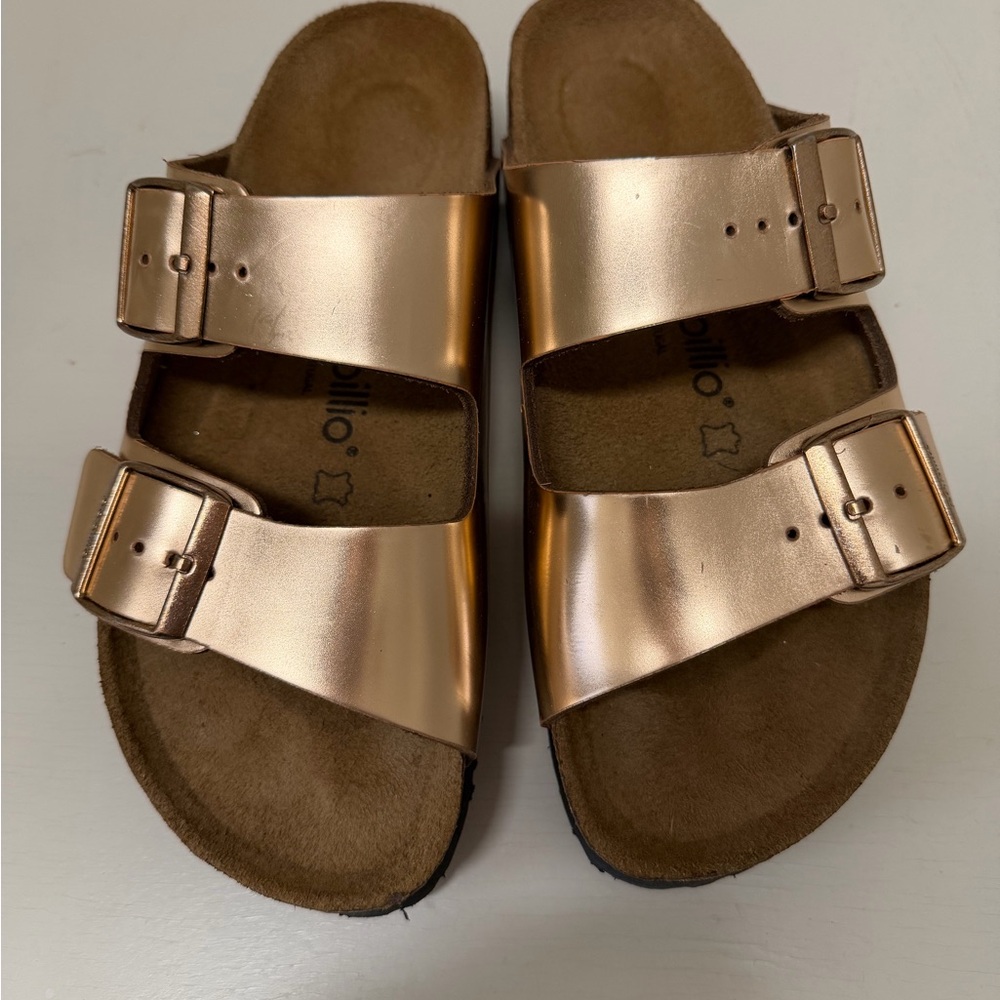 Women's Metallic Rose Gold Double-Buckle Slide Sandals